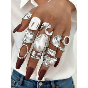 12/6pcs chunky Vintage Faux Pearl Geometric Line Metal Rings Party Jewelry SH
